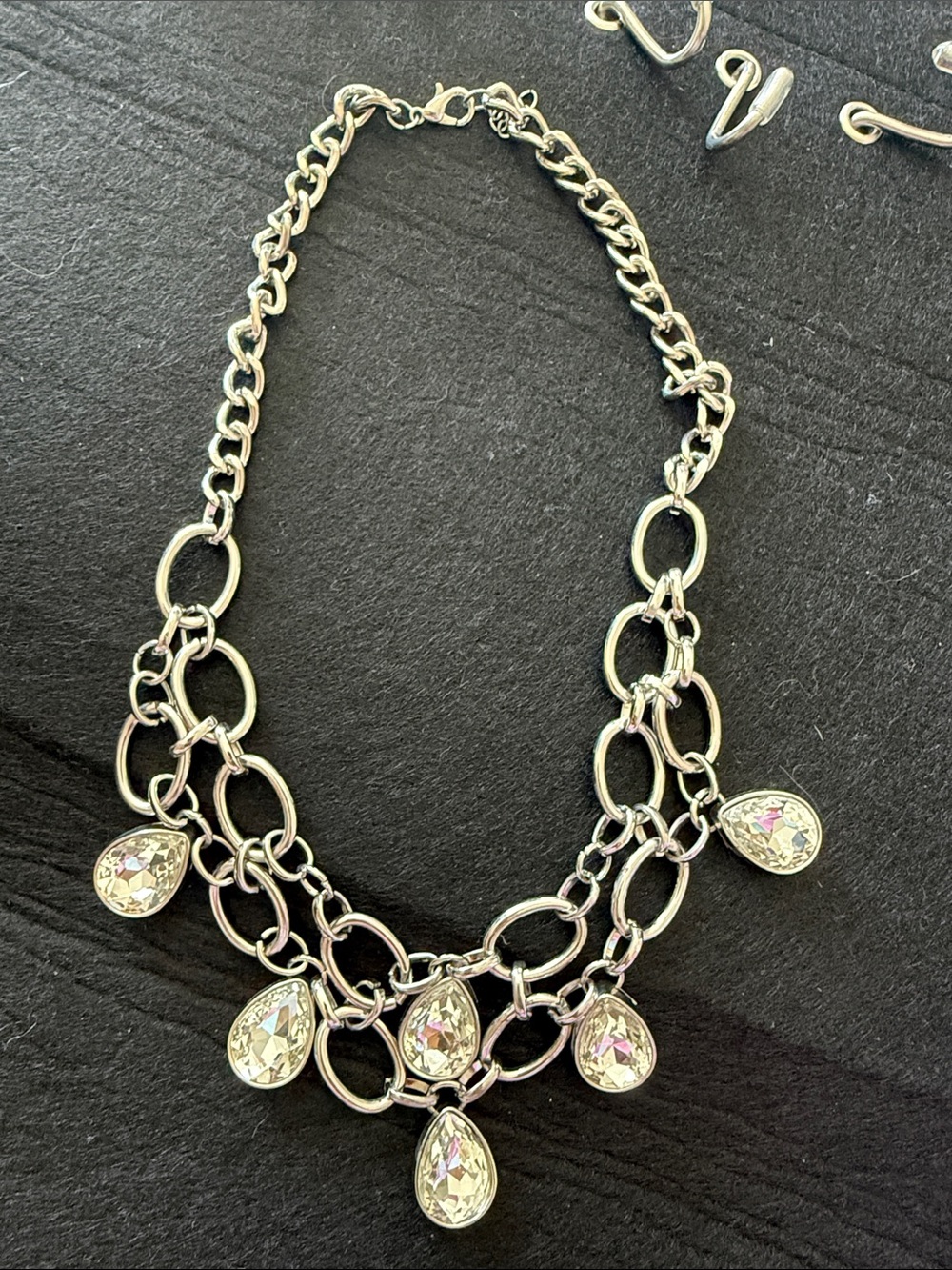 Silver Teardrop Drop Crystal Chain Necklace - Women Jewelry
